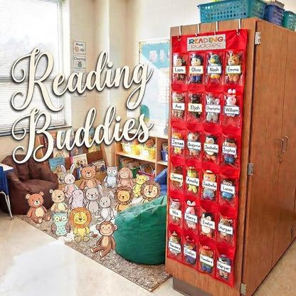 24 Pocket Classroom Reading Buddies Storage Organizer over The Door Hanging Small Stuffed Animal Holder with Card Blank Name Tags Classroom Pocket Chart for Preschool Kindergarten Reading Corner