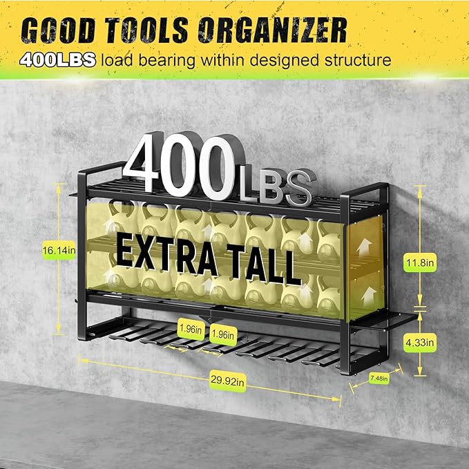 Hipidian Power Tool Organizer Wall Mount - Storage Rack with 4 Drill Holders for Drills Cordless Tools. Heavy Duty Iron Garage Tool Organizer Storage for Workshop Shed (8 Slots 4 Layers)