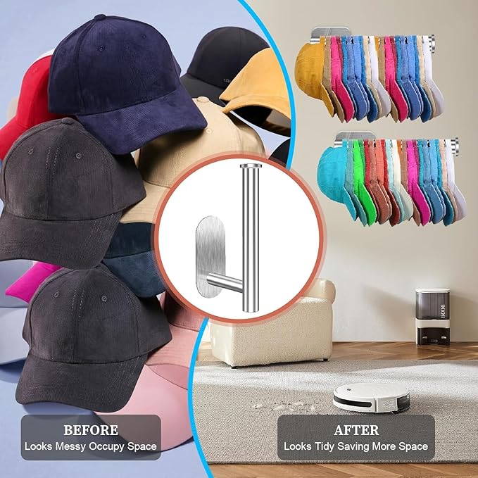 Eiito 2 Pack Hat Racks for Baseball Caps, Stainless Steel Hat Organizer for Baseball Cap, Hat Holder Storage Organizer, Hat Hanger Strong Adhesive/Wall for Door,Closet(Silver)