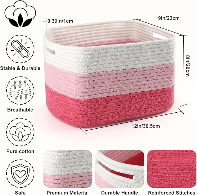 4 Pack Storage Baskets for Organizing, 12''Lx9''Wx8''H Woven Baskets for Storage Toys, Towels, Books, and Clothes, Cotton Rope Basket for Shelves with Handle White & Brown