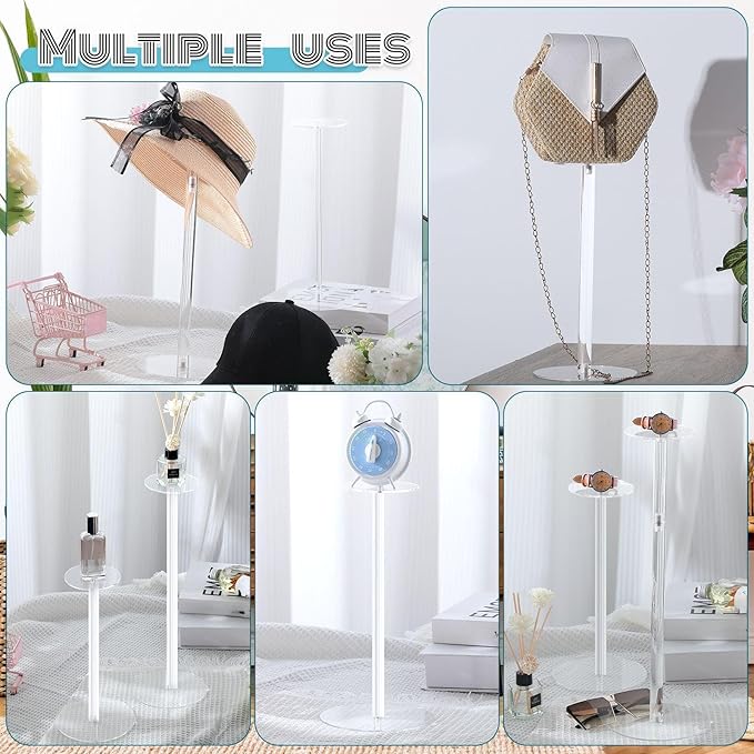 Beeveer 16 Pcs Acrylic Hat Stand 12" to 17" Adjustable Clear Wig Display Rack Nonslip Round Barbell Base Hat Rack Decorative Hat Holder Wig Stand Holder for Hats Watch Jewelry Storage Table (Thicker)