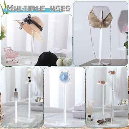 Beeveer 16 Pcs Acrylic Hat Stand 12" to 17" Adjustable Clear Wig Display Rack Nonslip Round Barbell Base Hat Rack Decorative Hat Holder Wig Stand Holder for Hats Watch Jewelry Storage Table (Thicker)
