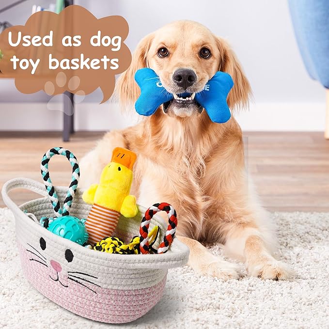 STOBSK Small Woven Baskets for Organizing with Handle Cute Cotton Basket for Nursery Gift Dog Cat Toy Storage Basket for Toy Organizer-Pink