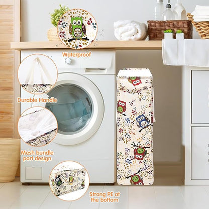 Odonata Slim Laundry Hamper Handles Collapsible Laundry Basket Thin Dirty Clothes Basket Narrow Laundry Bag Foldable Dirty Hamper 48L (Owl)