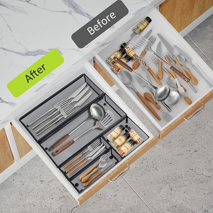 Neudeco Drawer Organizer - 5 Pack Metal Mesh Silverware Tray with Interlocking Design, 5 Compartment Cutlery Organizer for Kitchen Utensils, Black (15x6.2x2 inches)