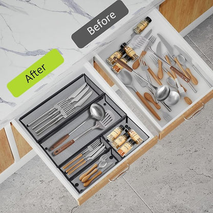 Neudeco Drawer Organizer - 5 Pack Metal Mesh Silverware Tray with Interlocking Design, 5 Compartment Cutlery Organizer for Kitchen Utensils, Black (15x6.2x2 inches)