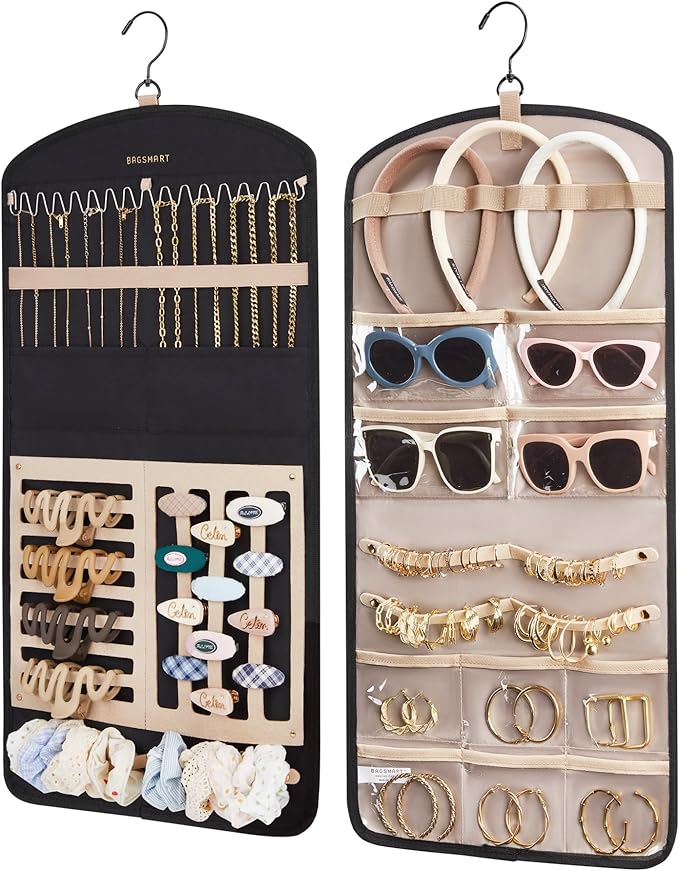 BAGSMART Hanging Jewelry Organizer Claw Clip Necklace Holder Roll for Hair Ties, Headbands, Clips, Earrings, Necklaces, Glasses Double-Sided on Closet, Wall, Door, 1 piece, Large-Black