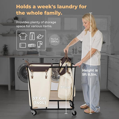 StorageWorks 280L Large Laundry Hamper with Wheels, Laundry Basket with Wheels 2 Sections, Clothes Sorter Cart with Divider for Hotel, Home, Beige, 1-Pack