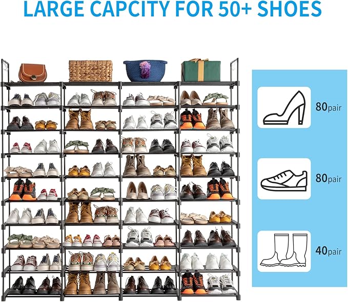 10 Tier Free Standing Shoe Rack, 80 Pairs Tall Vertical Shoe Shelf, Stackable Metal & Waterproof PP, Adjustable Height with Hooks for Closet, Entryway, Dorm