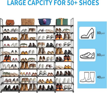 10 Tier Free Standing Shoe Rack, 80 Pairs Tall Vertical Shoe Shelf, Stackable Metal & Waterproof PP, Adjustable Height with Hooks for Closet, Entryway, Dorm