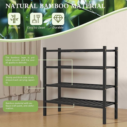 ROMGUAR CRAFT 4 Tier (Thick) Bamboo Shoe Rack for Closet Free Standing Wood Shoe Shelf for Entryway Small Space Stackable 27"x12"x28" (Blackl)
