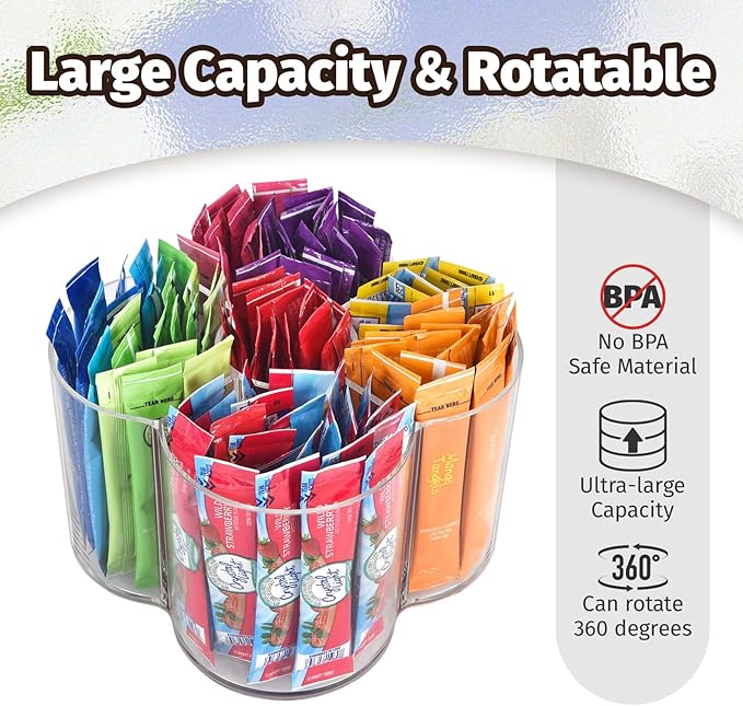 Drink Packet Organizer for Powdered Drink Mix,Powder Packet,Water Packet,Water Flavor Packet,Lazy Susan Organizer for Drink Mix Necessities Rotating Holder (Flower)