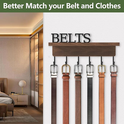 Belt Hanger Organizer for Closet, Wall Mount Belt Rack, Wooden Belt and Tie Organizer for Stores and Displays Mens Accessories (Length 9.8”) Brown