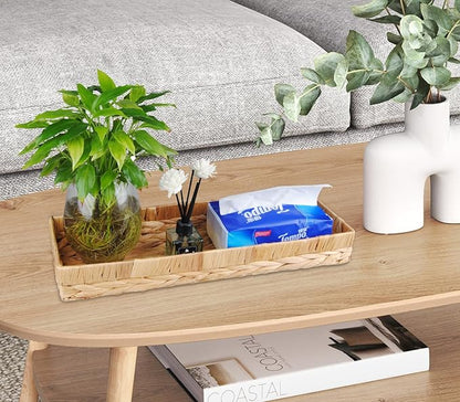 Rectangle Bathroom Tray, 16" Bathroom Over Toilet Tank, Water Hyacinth Wicker Basket for Bathroom Counter Long Narrow Hand Towel Storage Basket for Home Decor, Rattan Yellow