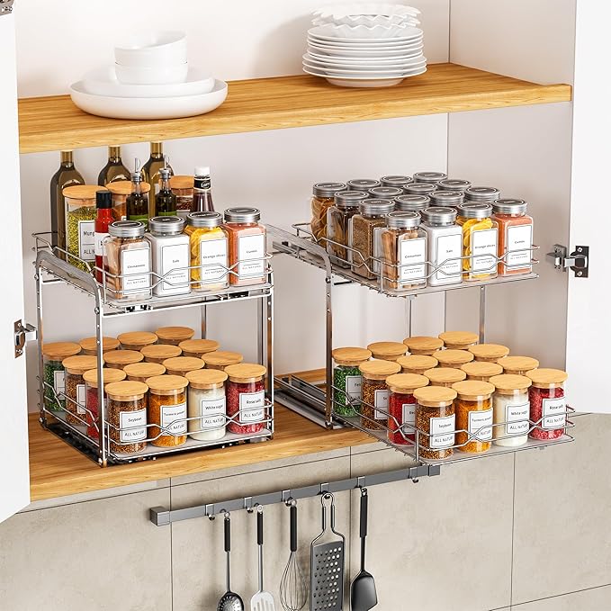 BOIVSHI Pull Out Spice Rack, 2 Tier Spice Organization for Cabinet, Heavy Duty Spice Rack, 9-1/4 inch Wide - Spice Racks for Inside Cabinets, Kitchen, Pantry - Chrome, 9.25”W x 10.39”D x 9.76”H