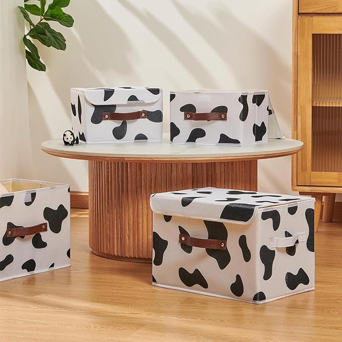 2PCS Storage Bins with Lid Cow Print Cute Fabric Storage Basket Box Faux Leather Handles PP Plastic Board Foldable Washable Lidded Cotton Linen Closet Shelf Organizer Container (Large Size)