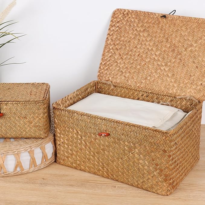 Moosky Wicker Shelf Baskets with Lid,Natural Seagrass Storage Basket Boxes Handwoven Rectangular Baskets Bins Multipurpose Home Organizer Decor (Medium)