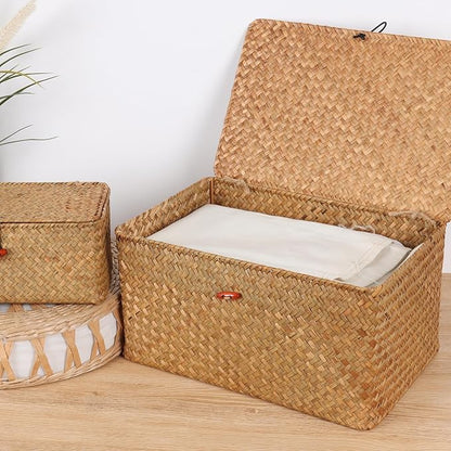 Moosky Wicker Shelf Baskets with Lid,Natural Seagrass Storage Basket Boxes Handwoven Rectangular Baskets Bins Multipurpose Home Organizer Decor (Large)