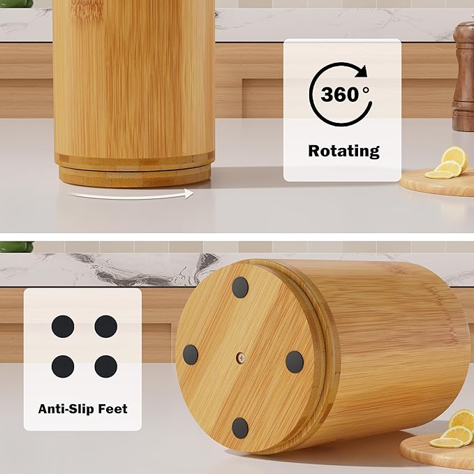 Utensil Holder, Bamboo Kitchen Utensil Holder for Countertop, 360°Rotating Cooking Utensil Crock for Kitchen Counter, 7.2" Large Utensil Organizer for Spatula