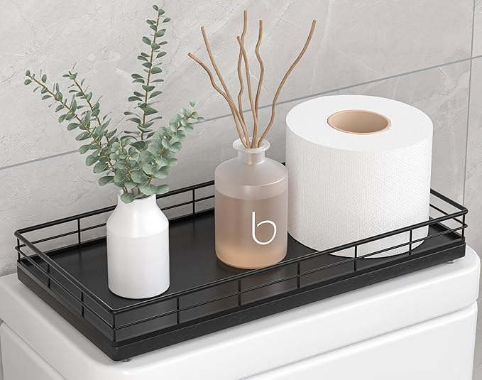 Toilet Paper Basket Organizer – Oak Wood Toilet Tank Tray with Metal Frame, Bathroom Counter Top Storage for Toilet Paper, Wipes & Decor, Modern Narrow Back of Tank Shelf Organizer, Black