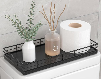 Toilet Paper Basket Organizer – Oak Wood Toilet Tank Tray with Metal Frame, Bathroom Counter Top Storage for Toilet Paper, Wipes & Decor, Modern Narrow Back of Tank Shelf Organizer, Black