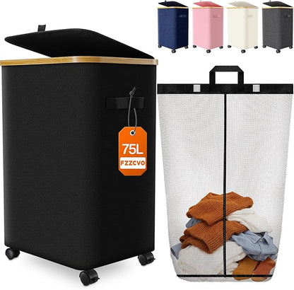 Laundry Hamper with Wheels, 75L Large Clothes Hamper with Removable Inner Bag, Collapsible Dirty Clothes Basket for Dorm, Rolling Dirty Clothes Basket for, Bedroom, Bathroom, Laundry Room