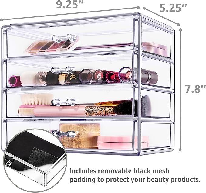 Sorbus Acrylic Makeup Organizer Set, 4-Drawer Vanity & Countertop Cosmetic Storage with Wide Drawers, Clear Makeup Storage for Brushes, Lipsticks, Jewelry – Holiday Gift for Women & Teens