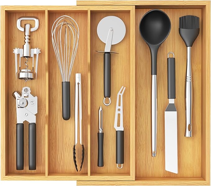 Lifewit Utensil Organizer for Kitchen Drawer, Expandable Cooking Utensil Tray, Cutlery Silverware Flatware Holder, Wood Adjustable Spatula Tools Storage Divider, 30-55 x 40cm, Natural