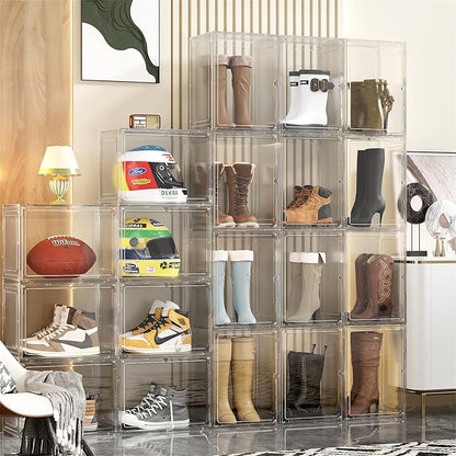 Boot Storage Organizer Tall Boot Shoe Storage Box for Closet 4 Pack Super Large Plastic Boots Container for Storage, Stackable Display Case for Collectibles, Backpack, Helmet, White, XXXXL