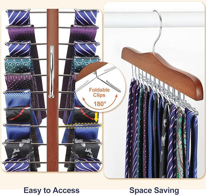 TOPIA HANGER Tie Rack Hanger for Closet, Wooden Tie Organizer for Men with 24 Folding Hooks, Space Saving Necktie Holder for Storage and Display Bra, Tank Top, Camisole (1-Pack), Walnut- CT14WA