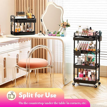 SUNALLY Makeup Cart Organizer with Drawers, 4 Tier Floor Skincare Organizers for Vanity, Rolling Makeup Bathroom Storage Cart Cosmetics Display Cases for Skin Care Perfume Nail Polish, Black