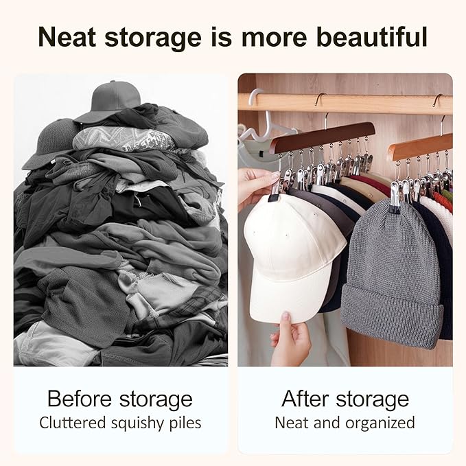 Closet Organizer with 12 Clips, 2026 New Space Saving Hanging Closet Organizer, Hat Scarf Clothespins for Legging Jeans Skirts Socks Pant Hangers (Wood-12 Clips, 1 Pcs)