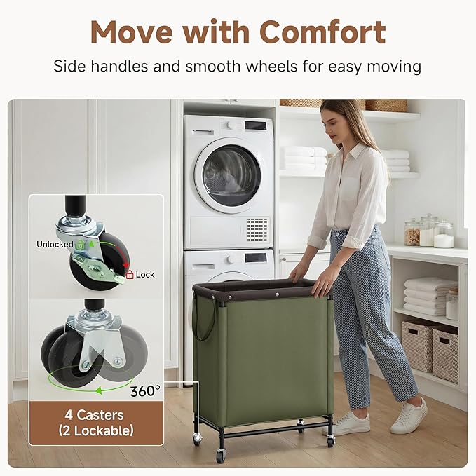 StorageWorks Laundry Hamper 2 Section, 100L Rolling Laundry Sorter Cart with Removable and Washable Liner Bag, Clothes Hamper with Wheels and Handle for Laundry Room and Bedroom, Green