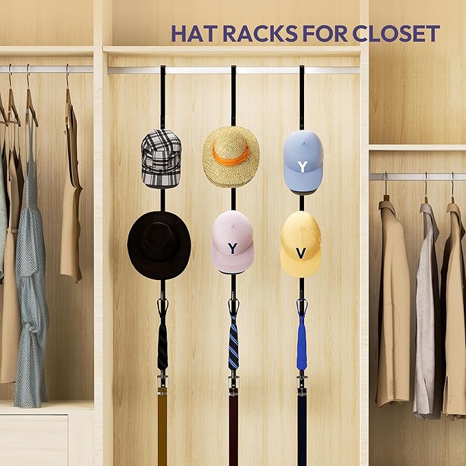 SWTYMIKI Over Door Hat Rack - 2 Packs Hat Organizer with 8 Hooks Design, Hanging Baseball Cap Organizer Storage Holds Up to 40 Caps for Door, Bedroom, Closet (Black)