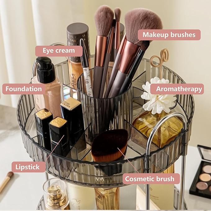 YCIA&DONE Rotating Makeup Organizer for Vanity, Large Capacity Make Up Storage Skin Care Shelf Perfume Holders Cosmetic Dresser Organizer Countertop Spinning 360 (Smoky Gray, 3Tiers)