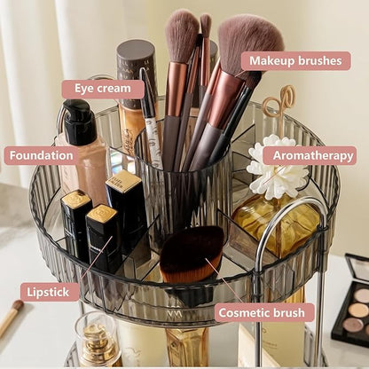 YCIA&DONE Rotating Makeup Organizer for Vanity, Large Capacity Make Up Storage Skin Care Shelf Perfume Holders Cosmetic Dresser Organizer Countertop Spinning 360 (Smoky Gray, 3Tiers)