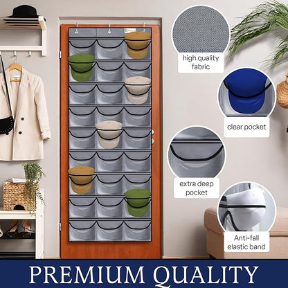 Brandland Hat Organizer for Baseball Caps – 27 Clear Pockets Over-the-Door Rack – Space-Saving Cap Holder Organizer for Hats, Visors, and Accessories – Gray