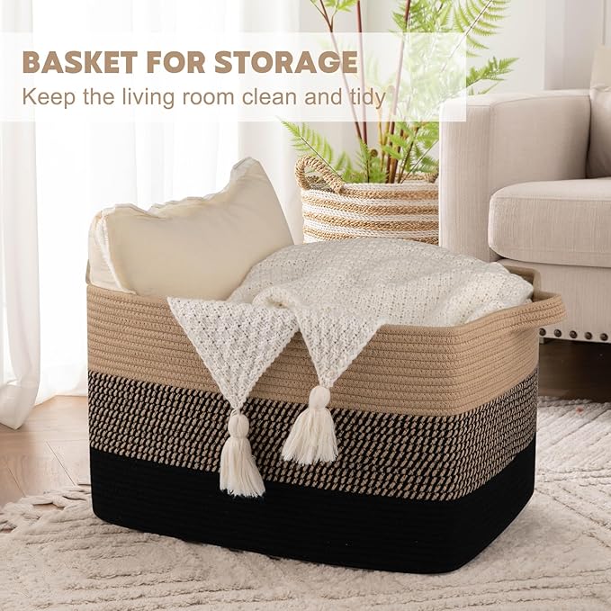 OIAHOMY Large Blanket Basket, 65L Cotton Rope Woven Laundry Basket, Toy Bin for Baby Room, Container for Blanket Storage in Living Room, 20''×16''×12'', Brown & Black
