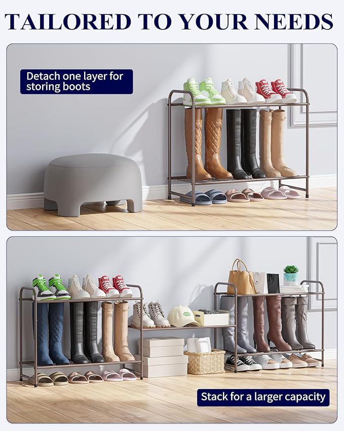 Kitsure Shoe Rack - Stainless Steel Shoe Organizer, Sturdy Shoe Rack for Closet and Front Door Entrance, Free Standing Shoe Shelf, Closet Organizers and Storage, 25.6" Wide - 3 Tier, Brown