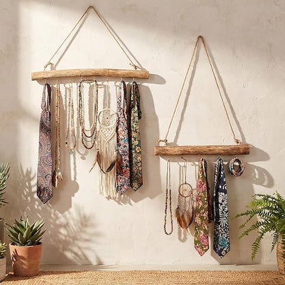 Yinkin 2 Pcs Natural Driftwood Jewelry Hanger Wall Driftwood for Crafts with Hooks 15.75 Inch 9.84 Inch Boho Wall Jewelry Shelf for Home Walls Shop Window Display