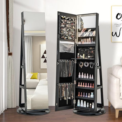Multigot 3-Color LED Lights Jewellery Cabinet, 3-in-1 360° Swivel Jewelry Armoire with Full-Length Mirror, Lockable Cosmetic Storage Organizer for Dressing Room Living Room Bedroom (Black)
