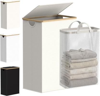 efluky Slim Laundry Basket with Lid, Narrow Laundry Hamper with Removable Bag, Skinny Dirty Clothes Basket with Bamboo Handles for Bathroom, Bedroom & Laundry Room, 90L Beige