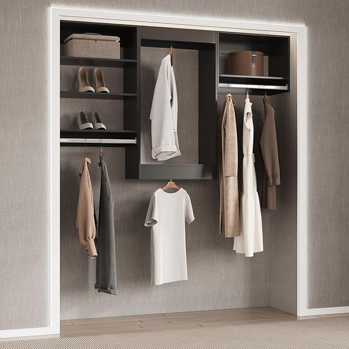 Modular Closet System, 78" Wide Organizer With Hanging Shelving, Wood Tower Storage for Walk In Closets, Wall Mounted Wardrobe Kit, Bedroom, Black