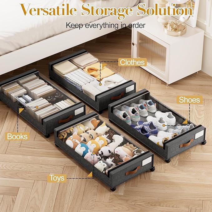 Yecaye Under Bed Storage with Wheels, 2 Pack Under the Bed Storage Containers with Lids & Label, XXL 60 L Rolling Underbed Storage Drawers for Clothes, Blankets, Shoes, Hemp Gray