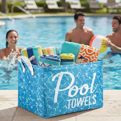 Yungyan Pool Towel Storage Basket Bin and Organizer Large Pool Towel Storage Basket Waterproof Canvas Cube with Handle Beach Gift for Outdoor Summer Seaside Home Clothes Books Toys Organization, Blue