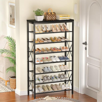 8 Tier Shoe Rack for Closet, Tall Shoe Storage for 32 Pairs, Adjustable Shoe Organizer for Front Door Entrance Bedroom Garage, Black