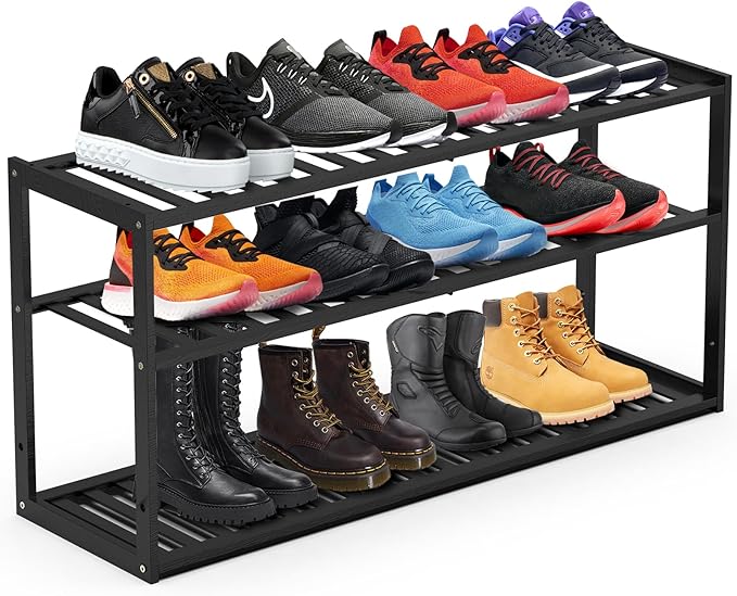 Jripae Bamboo Shoe Rack for Closet, 3 Tier 32.5inch Longer Shoe Organizer Shelf Holder Storage 12-15 Pairs Stackable for Entryway Door Hallway Bedroom Garage Space Saving Foldable Black