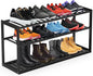 Jripae Bamboo Shoe Rack for Closet, 3 Tier 32.5inch Longer Shoe Organizer Shelf Holder Storage 12-15 Pairs Stackable for Entryway Door Hallway Bedroom Garage Space Saving Foldable Black