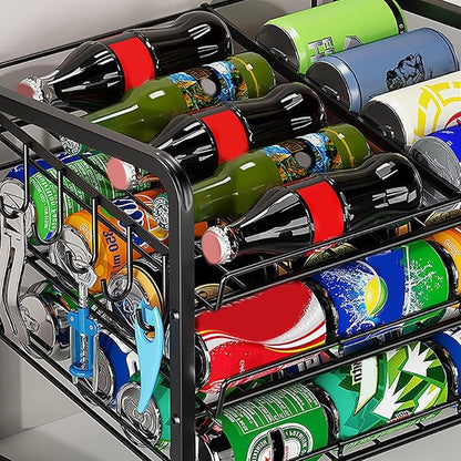 YOXIER Beverage Organizer Shelf Storage Rack Automatic Rolling 2 Tiers Large Capacity Beer Soda Holder Fridge Organizer Refrigerator Dispenser Black Dual Layer
