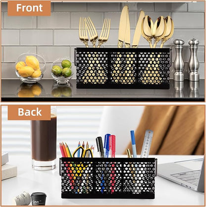 Kitchen Utensil Holder with 3Compartments Metal Mesh Silverware Caddy Organizer with Sturdy iron Base for Kitchen Countertop，White Cooking Utensil Crock